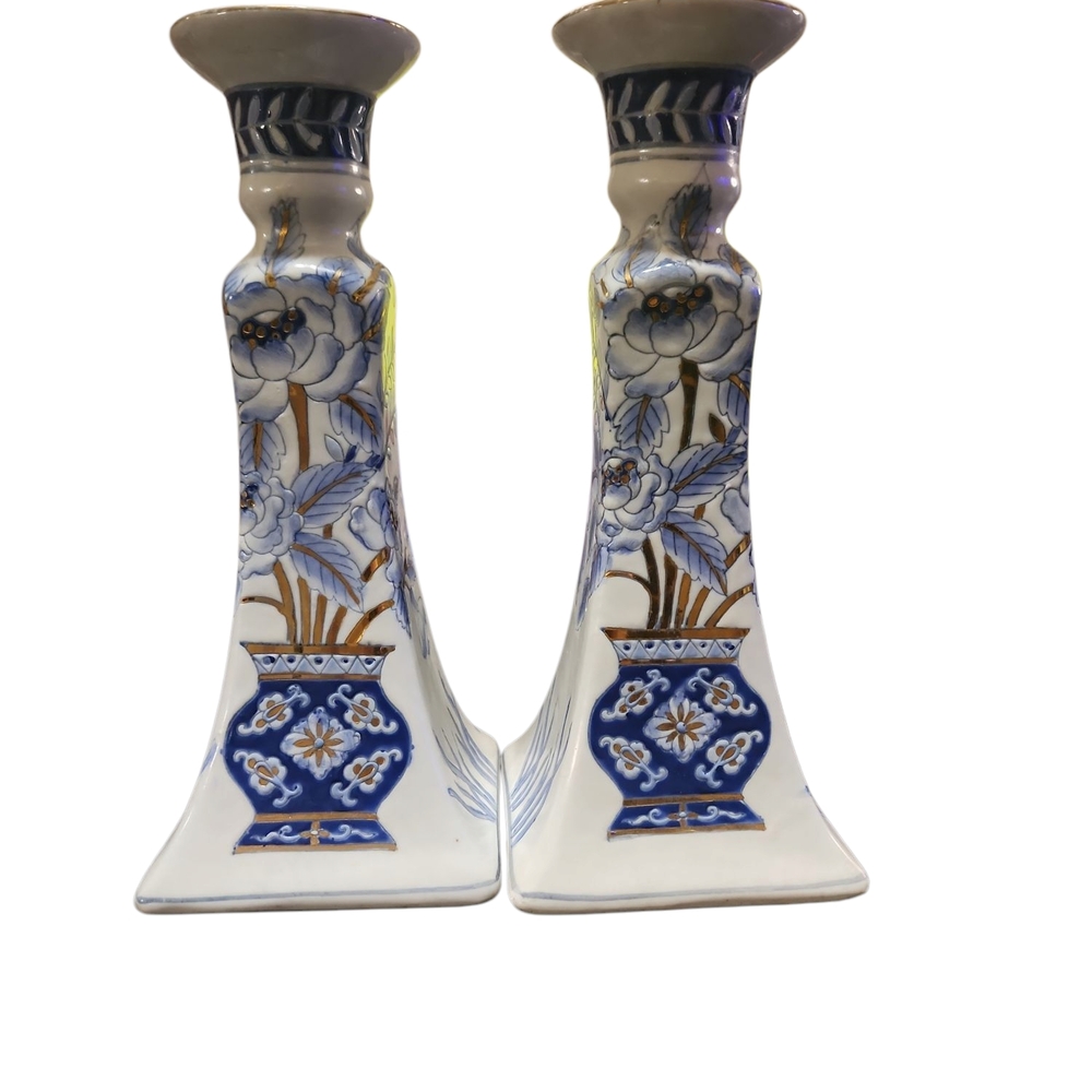 Vintage Elegant Blue White And Gold Ceramic Candle Holders
